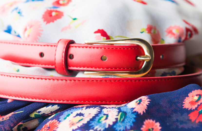 Floral pattern dress with red belt